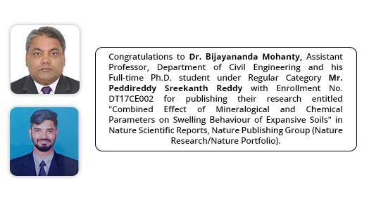 Congratulations to Dr. Bijayananda Mohanty, Assistant Professor, Dept. of Civil Engineering and his scholar P. S. Reddy for publishing their research titled �Combined Effect of Mineralogical and Chemical Parameters on Swelling Behaviour of Expansive Soils.� Scientific Reports, Nature Publishing Group (Nature Research/Nature Portfolio)
